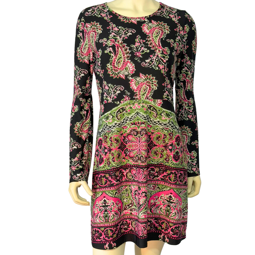 Rock 47 Wrangler Sz S Jersey Knit Dress Bell Sleeves Pink & Black Paisley Boho